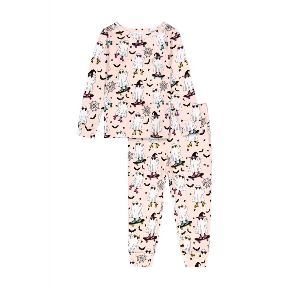 NEW BIRD & BEAN kids' bamboo pajama set in ghouls night out in coral